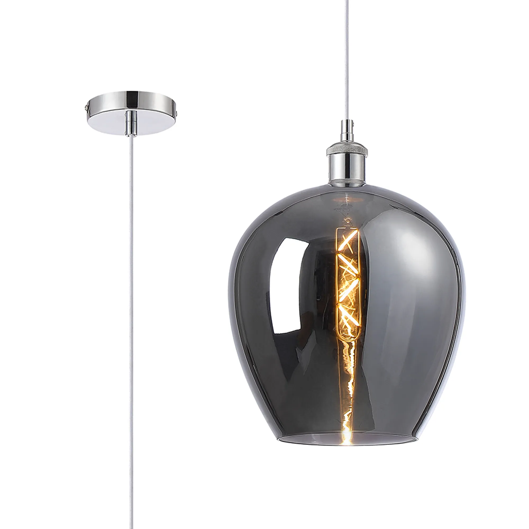 DK1105  Cawdor Single Pendant, 1 Light E27, Polished Chrome/White/Chrome Wine Glass